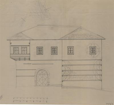 Πισοδέρι Φλώρινας, οικία Γαρδάνη. Αρχιτεκτονικό σχέδιο, πρόσοψη, ημιτελές, του Περικλή Χατζόπουλου για τον Σύλλογο Ελληνική Λαϊκή Τέχνη, 1937