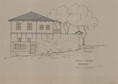 Πολύγυρος Χαλκιδικής, οικία Φραντζή. Αρχιτεκτονικό σχέδιο, πρόσοψη, του Αργυρόπουλου Γ. για τον Σύλλογο Ελληνική Λαϊκή Τέχνη, 1938