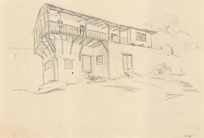 Πολύγυρος Χαλκιδικής. Αρχιτεκτονικό σχέδιο, προοπτικό σκαρίφημα όψης, προσχέδιο, του Αργυρόπουλου Γ. για τον Σύλλογο Ελληνική Λαϊκή Τέχνη, 1938