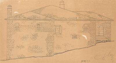 Σαμαρίνα Γρεβενών, οικία Χατζίκου. Αρχιτεκτονικό σχέδιο, πίσω όψη, του Δημήτρη Μωρέτη για τον Σύλλογο Ελληνική Λαϊκή Τέχνη, 1937