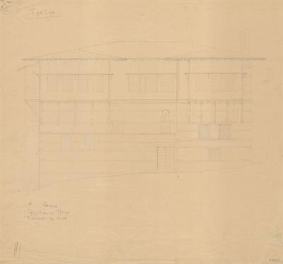 Σιάτιστα, αρχοντικό Μανούση (Δούκα Τζάτζα). Αρχιτεκτονικό σχέδιο, προσχέδιο πρόσοψης, του Δημήτρη Μωρέτη για τον Σύλλογο Ελληνική Λαϊκή Τέχνη, 1936
