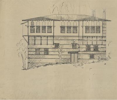 Σιάτιστα, αρχοντικό Μανούση (Δούκα Τζάτζα). Αρχιτεκτονικό σχέδιο, πρόσοψη, του Δημήτρη Μωρέτη για τον Σύλλογο Ελληνική Λαϊκή Τέχνη, 1936