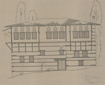 Σιάτιστα, αρχοντικό Μανούση (Δούκα Τζάτζα). Αρχιτεκτονικό σχέδιο, πρόσοψη, του Δημήτρη Μωρέτη για τον Σύλλογο Ελληνική Λαϊκή Τέχνη, 1937