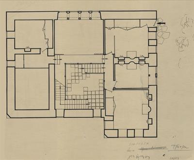 Σιάτιστα, αρχοντικό Μανούση (Δούκα Τζάτζα). Αρχιτεκτονικό σχέδιο, κάτοψη Α&#039; ορόφου, του Δημήτρη Μωρέτη για τον Σύλλογο Ελληνική Λαϊκή Τέχνη, 1936