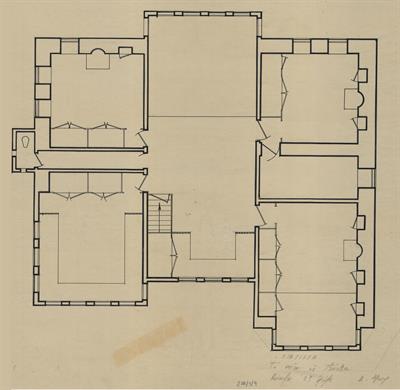 Σιάτιστα, αρχοντικό Μανούση (Δούκα Τζάτζα). Αρχιτεκτονιικό σχέδιο, κάτοψη Β&#039; ορόφου, του Δημήτρη Μωρέτη για τον Σύλλογο Ελληνική Λαϊκή Τέχνη, 1936