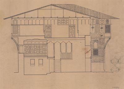 Σιάτιστα, αρχοντικό Μανούση (Δούκα Τζάτζα). Αρχιτεκτονικό σχέδιο, τομή - ημιτελές, του Γιώργου Γιαννουλέλλη για τον Σύλλογο Ελληνική Λαϊκή Τέχνη, 1936