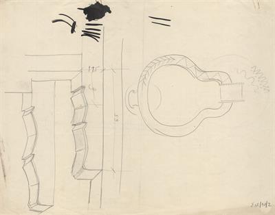 Σιάτιστα, Αγία Παρασκευή (;). Αρχιτεκτονικό σχέδιο, λεπτομέρειες: κατασκευαστικά στοιχεία και λύχνος, σκαριφήματα, για τον Σύλλογο Ελληνική Λαϊκή Τέχνη, 1936
