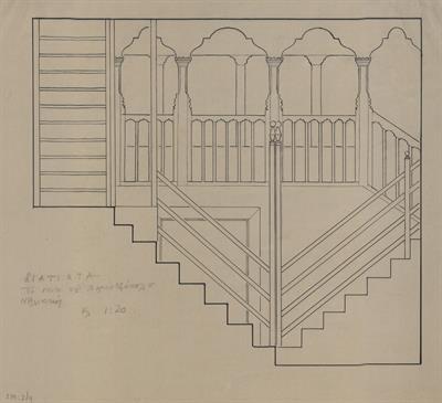 Σιάτιστα, αρχοντικό Νεραντζόπουλου. Αρχιτεκτονικό σχέδιο, τομή και όψη ηλιακού, του Δημήτρη Μωρέτη για τον Σύλλογο Ελληνική Λαϊκή Τέχνη, 1936