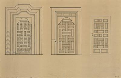 Σιάτιστα, οικία Νεραντζόπουλου. Αρχιτεκτονικό σχέδιο, πόρτες, του Γιώργου Γιαννουλέλλη για τον Σύλλογο Ελληνική Λαϊκή Τέχνη, 1936