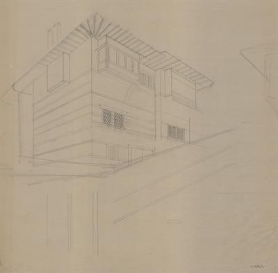 Σιάτιστα, οικία Παπία. Αρχιτεκτονικό σχέδιο, προοπτικό - προσχέδιο - ημιτελές, της Πασχαλίδου - Μωρέτη Αλεξάνδρας για τον Σύλλογο Ελληνική Λαϊκή Τέχνη, 1937