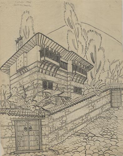 Σιάτιστα, οικία Παπία. Αρχιτεκτονικό σχέδιο, προοπτικό, της Πασχαλίδου - Μωρέτη Αλεξάνδρας για τον Σύλλογο Ελληνική Λαϊκή Τέχνη, 1937
