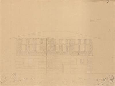 Σιάτιστα, οικία Τσίπου. Αρχιτεκτονικό σχέδιο, πρόσοψη - κατασκευή, προσχέδιο, του Δημήτρη Μωρέτη (;) για τον Σύλλογο Ελληνική Λαϊκή Τέχνη, 1936