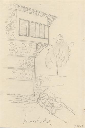 Σιάτιστα, αταύτιστη οικία. Αρχιτεκτονικό σχέδιο, προοπτικό γωνίας οικίας με σαχνισί, προσχέδιο, του Γιώργου Γιαννουλέλλη για τον Σύλλογο Ελληνική Λαϊκή Τέχνη, 1936
