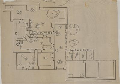 Τρίκερι Πηλίου, αρχοντικό Στάντγιανν. Αρχιτεκτονικό σχέδιο, κάτοψη κατωγείου, αυλής και προσκτίσματος, του Γιώργου Γιαννουλέλλη για τον Σύλλογο Ελληνική Λαϊκή Τέχνη, 1937