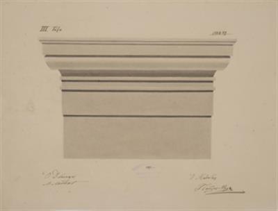 Νεοκλασικό επίκρανο. Αρχιτεκτονικό σχέδιο, όψη, του Παύλου Μελά, ως ευέλπιδα, υπό την καθοδήγηση του καθηγητή Ν. Λαντσα, 1888-1889.