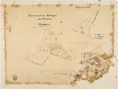 &quot;Terrains de la fabrique de poudres a Kephalari / Raffinerie du Nitre&quot;. Χωροθέτηση εργοστασίου Βασιλικού Πυριτιδοποιείου στο Κεφαλάρι Άργους / Διυλιστήριο Νίτρου. Τοπογραφικό σχέδιο, 5-17/2/1841. Το σχέδιο προέρχεται από την προσωπική συλλογή του στρατηγο