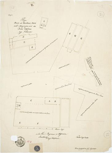&quot;Plan der Genie und Artillerie Matériel Magazine und des Genie Atéliers zu Navarin&quot;. Εγκαταστάσεις και αποθήκες πυροβολικού στο φρούριο Ναβαρίνου (Πύλος). Τοπογραφικό σχέδιο, εποχή Όθωνος (1832-1862). Το σχέδιο προέρχεται από την προσωπική συλλογή του στρ