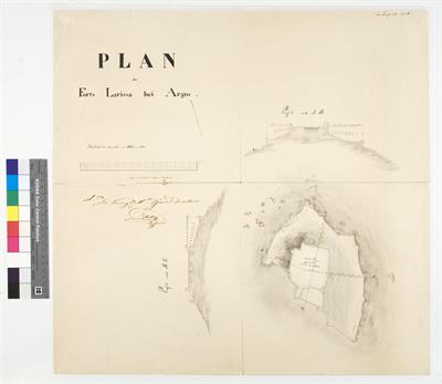 &quot;Plan des forts Larissa bei Argos&quot;. Το φρούριο της Λάρισσας Άργους. Τοπογραφικό σχέδιο, κάτοψη και τομές. Εποχή Όθωνος (1832-1862).  Το σχέδιο προέρχεται από την προσωπική συλλογή του στρατηγού Πέτρου Στ. Λυκούδη.