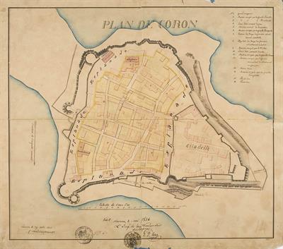 &quot;PLAN DE CORON&quot;. Τοπογραφικό σχέδιο της Κορώνης από τον Λοχαγό Μεταξά, 29 Οκτωβρίου 1835. Το σχέδιο προέρχεται από την προσωπική συλλογή του στρατηγού Πέτρου Στ. Λυκούδη.