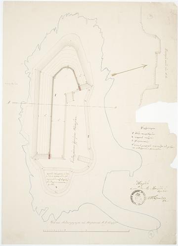 Επιθαλάσσιο φρούριο Ναυπλίου (Μπούρτζι). Τοπογραφικό σχέδιο του Α.Γ. Αποστόλου, Ανθυπολοχαγού Μηχανικού, εποχή Όθωνος. Το σχέδιο προέρχεται από την προσωπική συλλογή του στρατηγού Πέτρου Στ. Λυκούδη.
