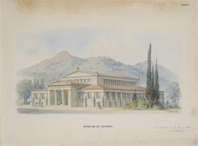 Μουσείο Ολυμπίας. Αρχιτεκτονικό σχέδιο, προοπτική όψη,  του Friedrich Adler, 6/1/1883. Κτισμένο 1882-1885 με δαπάνη Α.Αβέρωφ.
