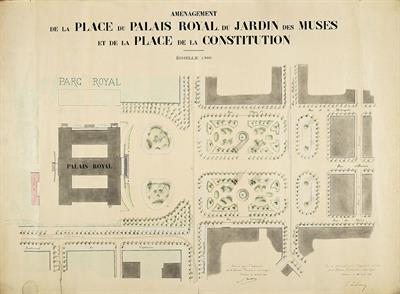 &quot;Amenagement de la Place du Palais Royal du jardin des Muses et de la Place de la Constitution&quot;. Η διαμόρφωση της Πλατείας Συντάγματος. Τοπογραφικό σχέδιο των Zulening και Matton, 10/8/1889.