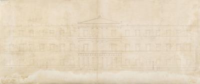 Παλαιά Ανάκτορα, σημ. Βουλή των Ελλήνων. Αρχιτεκτονικό σχέδιο. Δύτικη πρόσοψη προς πλατεία Συντάγματος, του F. Gaertner, Ιανουάριος 1836. Φέρει ιδιόχειρη έγκριση του Βασιλιά Όθωνα.
