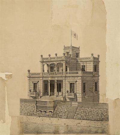 Παραθαλάσσιο νεοκλασικό ανάκτορο. Αρχιτεκτονικό σχέδιο, όψη. Από τις συλλογές του Βασιλιά Γεωργίου Α&#039;.