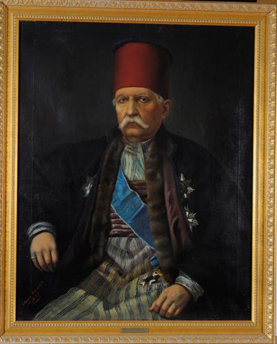 Προσωπογραφία του Δημητρίου Βούλγαρη, ελαιογραφία σε μουσαμά της Σαριπόλου Αντωνίνας, Ιστορική οικία Λαζάρου Κουντουριώτη, 1879.