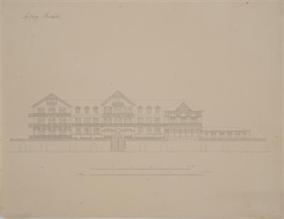 Ξενοδοχείο (Badehotel) στο Skodsborg (περίχωρα Κοπεγχάγης). Αρχιτεκτονικό σχέδιο, όψη. Από τις προσωπικές συλλογές του Βασιλιά Γεωργίου Α&#039;.