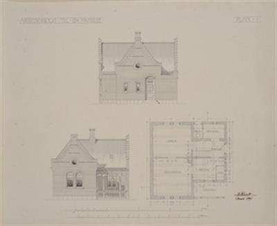Εργατική κατοικία για μία οικογένεια (Σχέδιο Ι). Αρχιτεκτονικό σχέδιο, δύο όψεις και κάτοψη ισογείου, του H. Wenck, Δανία, Μάρτιος 1901.