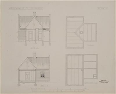 Εργατική κατοικία για μία οικογένεια (Σχέδιο ΙΙ). Αρχιτεκτονικό σχέδιο, Εγκάρσια και επιμήκης τομή, σχέδιο οροφής και θεμελίωσης, του H. Wenck, Δανία, Μάρτιος 1901.