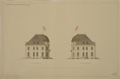 Ανάκτορο Bernstorf (προάστιο Κοπεγχάγης). Αρχιτεκτονικό σχέδιο, Δύο πλάγιες όψεις: νότια και βόρεια, του Karl Wolf, Δανία, 1864.