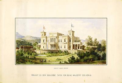 Νοτιοανατολική πλευρά των ανακτόρων Τατοϊου. Aρχιτεκτονικό σχέδιο, έγxρωμο προοπτικό, του Ερνέστου Τσίλλερ, 12/7/1872.