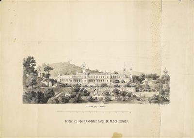 Ανάκτορα και κήποι Τατοϊου. Aρχιτεκτονικό σχέδιο, όψη προς την Αθήνα, του Ερνέστου Τσίλλερ, 1/6/1871.