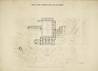 Ανάκτορα και κήποι βασιλικού κτήματος Τατοϊου. Αρχιτεκτονικό σχέδιο, γενική κάτοψη, του Ερνέστου Τσίλλερ, 1/7/1871.