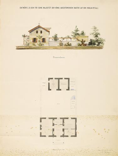Αγροικία στους Πεταλιούς. Αρχιτεκτονικό σχέδιο, όψη και δύο κατόψεις, πρόταση, του Ερνέστου Τσίλλερ, 25/1/1872.