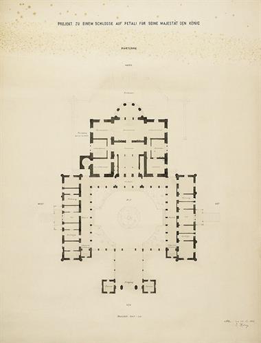 Ανάκτορα Πεταλιών. Αρχιτεκτονικό σχέδιο, κάτοψη ισογείου, πρόταση, του Ερνέστου Τσίλλερ, 23/4/1872.