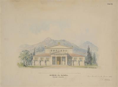 Μουσείο Ολυμπίας. Αρχιτεκτονικό σχέδιο, όψη,  του Friedrich Adler, 6/1/1883. Κτισμένο 1882-1885 με δαπάνη Α.Αβέρωφ.