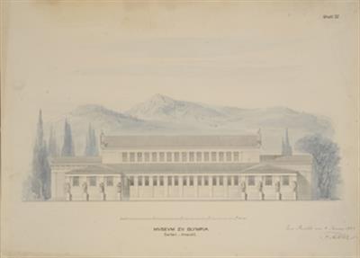 Μουσείο Ολυμπίας. Αρχιτεκτονικό σχέδιο, πλάγια όψη,  του Friedrich Adler, 6/1/1883. Κτισμένο 1882-1885 με δαπάνη Α.Αβέρωφ.