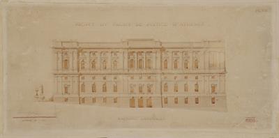 &quot;Projet du Palais de Justice d&#039;Athenes&quot;. Αρχιτεκτονικό σχέδιο ανεκτέλεστου δικαστικού μεγάρου Αθηνών, πλάγια όψη. Πρόκειται για πρόταση σε διαγωνισμό με τίτλο ROMA.