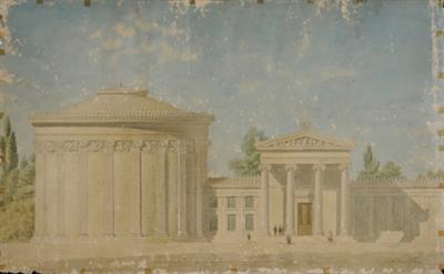 Πρόταση αρχαιολογικού Μουσείου Αθηνών, στη νότια πλευρά της Ακρόπολης. Αρχιτεκτονικό σχέδιο, τμήμα όψεως, του Θεοφίλου Χάνσεν, Βιέννη 1888.