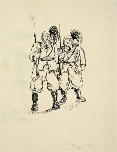 &quot;Ιταλοί 1941&quot;. Σχέδιο δύο ιταλών στρατιωτών - &quot;κοκορόφτερων&quot;, μολύβι και μελάνι σε χαρτί του Περικλή Βυζάντιου, 1941.
