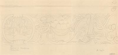Σιάτιστα, αρχοντικό Νεραντζόπουλου. Αρχιτεκτονικό σχέδιο, προσχέδιο τοιχογραφίας, της Πασχαλίδου - Μωρέτη Αλεξάνδρας για τον Σύλλογο Ελληνική Λαϊκή Τέχνη, 1936