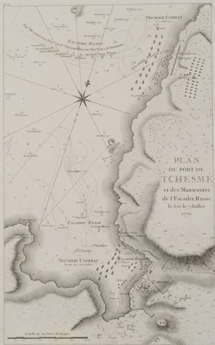 &quot;PLAN DE PORT DE TCHESME et des Manoeuvres de l&#039; Escadre Russe le 5 et le 7 Juillet 1770&quot;. Χάρτης του λιμανιού και του φρουρίου του Τσεσμέ με σκηνή ναυμαχίας Τούρκων και Ρώσων. Ασπρόμαυρη χαλκογραφία του Choiseul-Gouffier, 1776.
