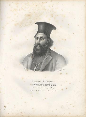 Αρχιεπίσκοπος Παλαιών Πατρών Γερμανός. Λιθογραφία του Giovani Boggi από το λεύκωμα με 24 πορτραίτα Ελλήνων και Οθωμανών αξιωματούχων που έδρασαν κατά την Ελληνική Επανάσταση με τίτλο: &quot;Collection de portraits des personnages Turcs and Grecs les plus recom