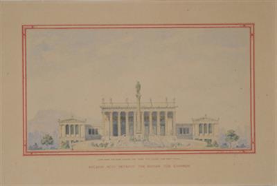&quot;ΣΧΕΔΙΟΝ ΝΕΟΥ ΜΕΓΑΡΟΥ ΤΗΣ ΒΟΥΛΗΣ ΤΩΝ ΕΛΛΗΝΩΝ&quot;. Αρχιτεκτονικό σχέδιο, όψη, του Ερνέστου Τσίλλερ, 1899. Ανεκτέλεστη πρόταση για την πλατεία Κλαυθμώνος.