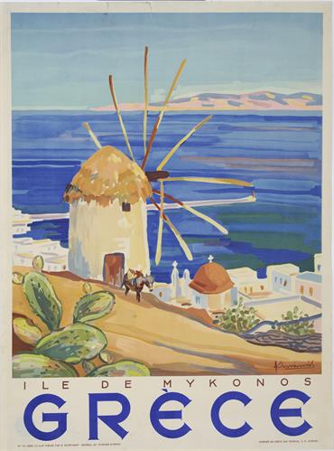 &quot;ILE DE MYKONOS - GRECE&quot; (ΝΗΣΟΣ ΜΥΚΟΝΟΣ - ΕΛΛΑΔΑ). Τουριστική διαφημιστική αφίσα στη γαλλική γλώσσα της Γενικής Γραμματείας Τουρισμού, 1949.