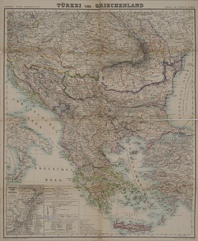 &quot;Turkei und Griechenland&quot;. Χάρτης της Βαλκανικής Χερσονήσου σχεδιασμένος από τον H. Kiepert. Χαράκτηκε από τους H. Brose, A. Lechner, H. Herzberg και F.W. Kliewer, Βερολίνο, 1877.