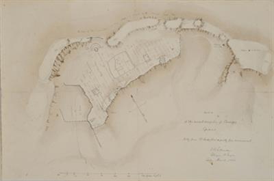 Η αρχαία ακρόπολη Κασσιώπης, Κέρκυρα. Τοπογραφικό σχέδιο, 1860. Σχεδιασμένο με βάση το σχέδιο του Leake, 1804.